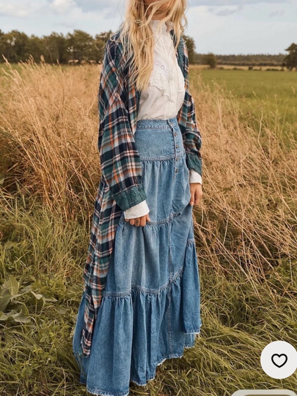 Free People Washed Blue Tiered Denim Maxi Skirt